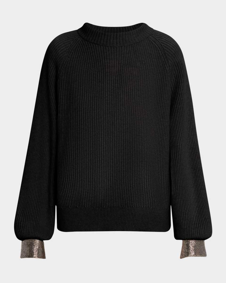 Monili-Cuff Cashmere Rib Crewneck Sweat